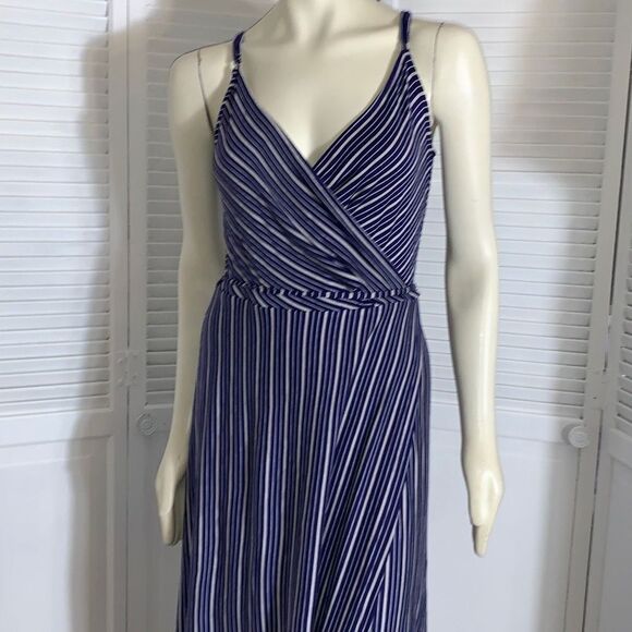 NWOT Navy Striped Jersey Knit Wrap Maxi Dress Medium - Picture 1 of 16